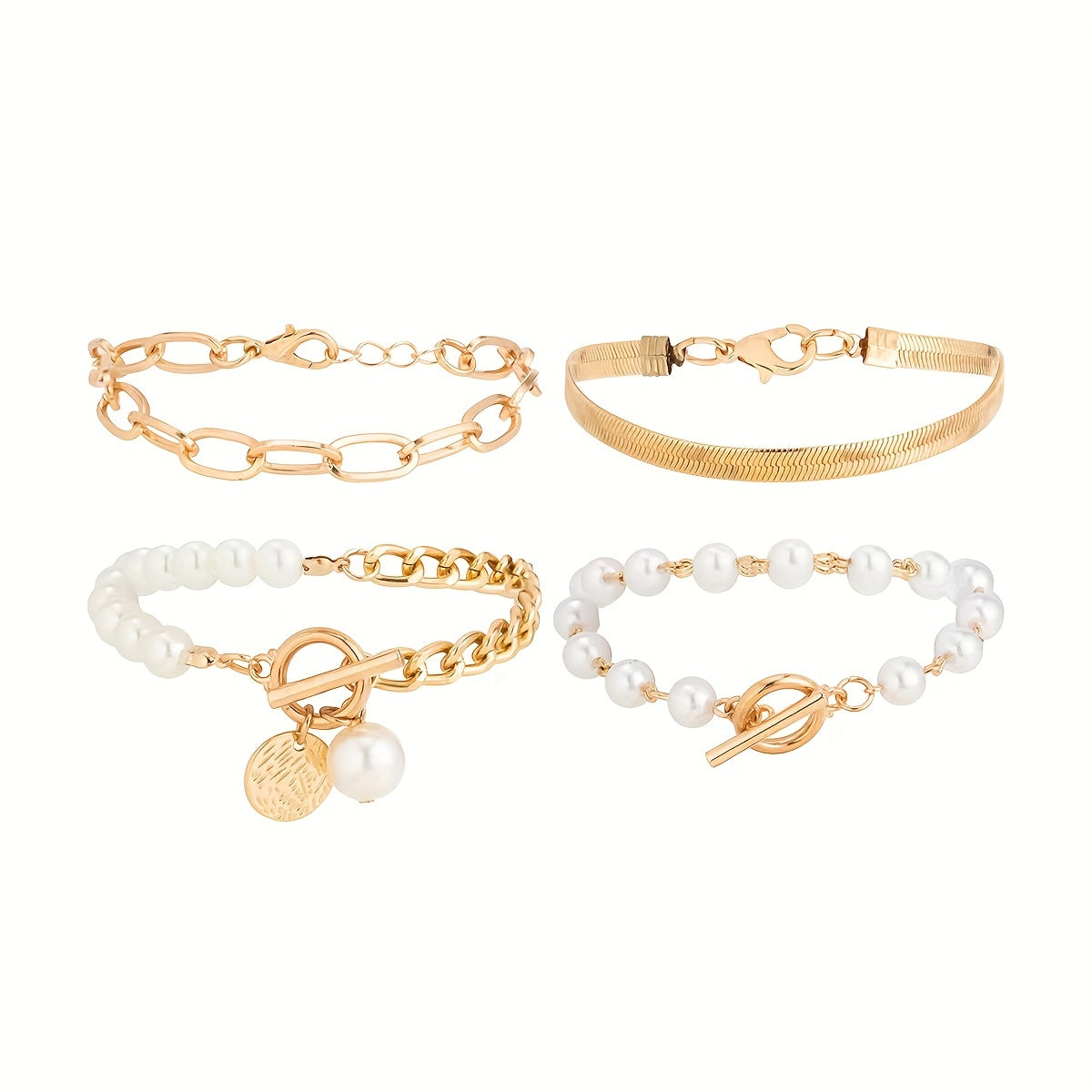 Conjunto de Pulseiras Pérolas e Correntes - 4 Peças Banhado em Ouro 18k