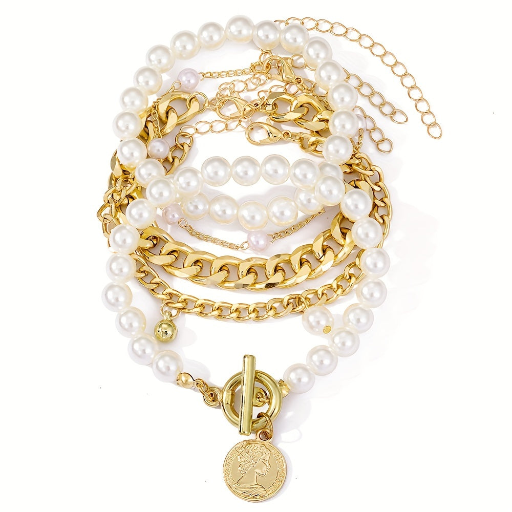 Conjunto de Pulseiras Correntes e Pérolas - 5 Peças Banhado em Ouro 18k
