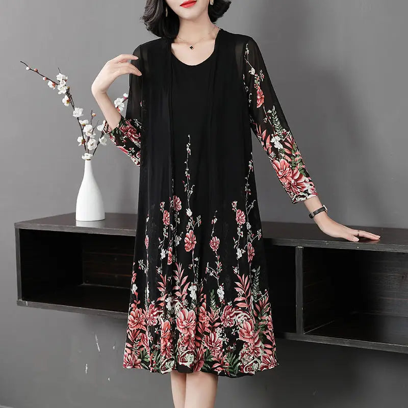 Conjunto Elegância Floral - Vestido + Cardigã em Chiffon