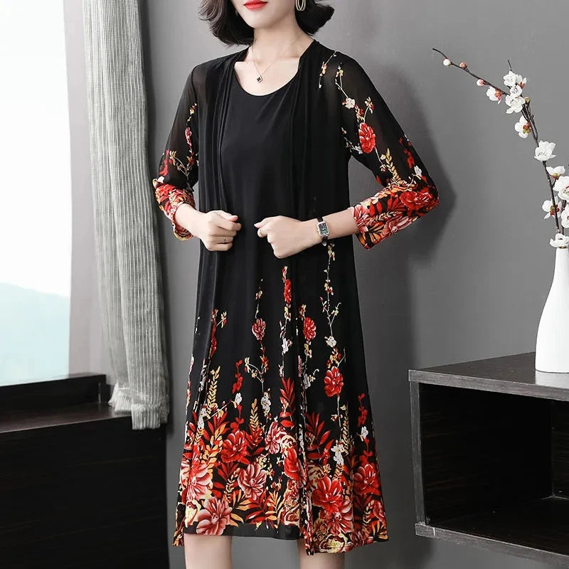 Conjunto Elegância Floral - Vestido + Cardigã em Chiffon