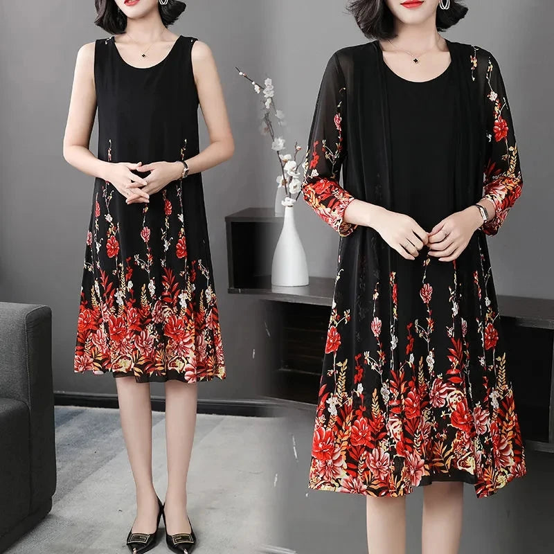 Conjunto Elegância Floral - Vestido + Cardigã em Chiffon