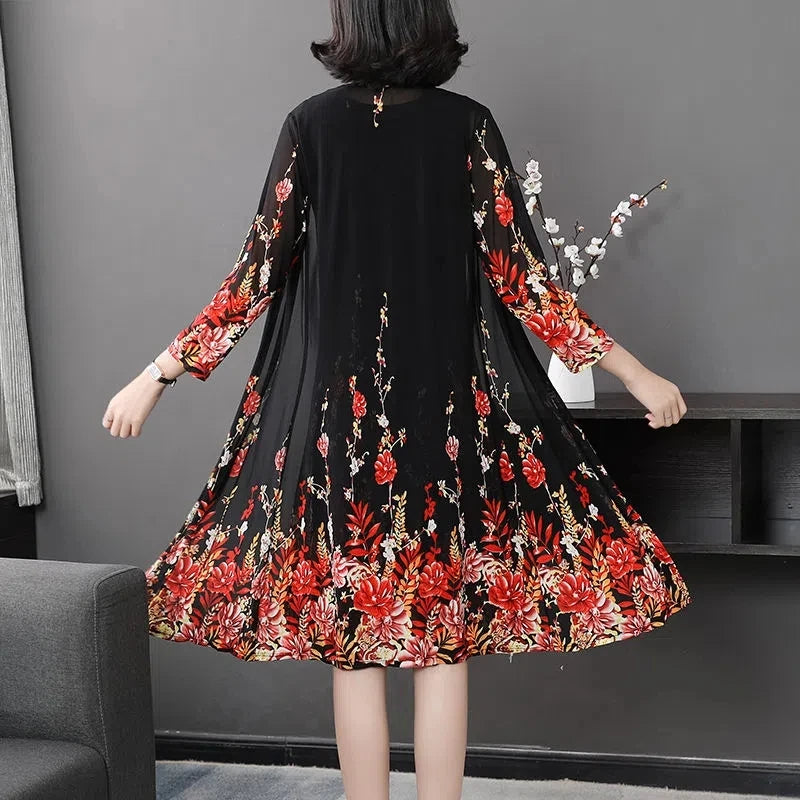 Conjunto Elegância Floral - Vestido + Cardigã em Chiffon