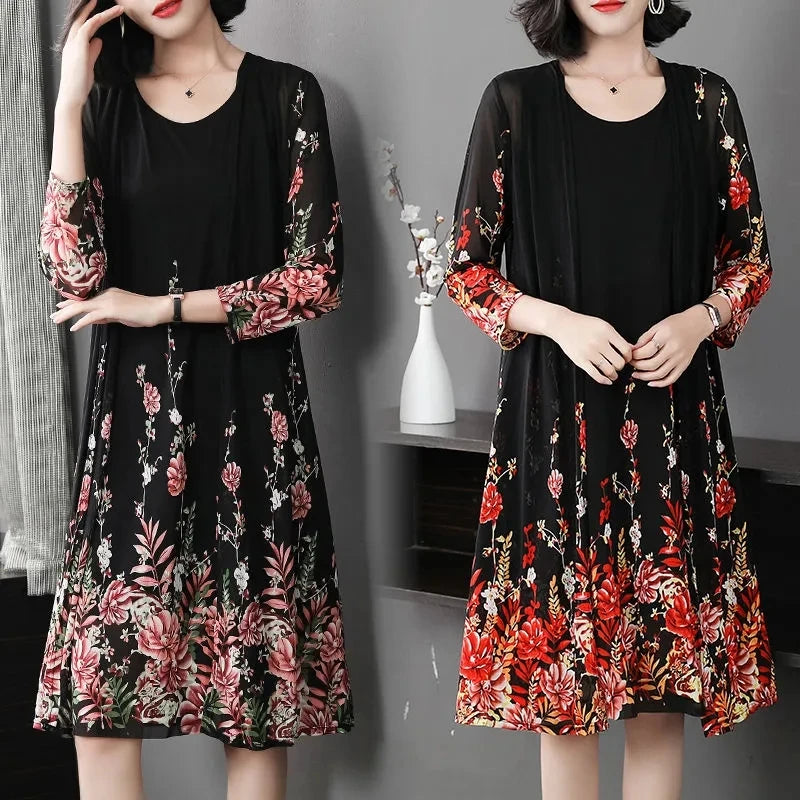 Conjunto Elegância Floral - Vestido + Cardigã em Chiffon