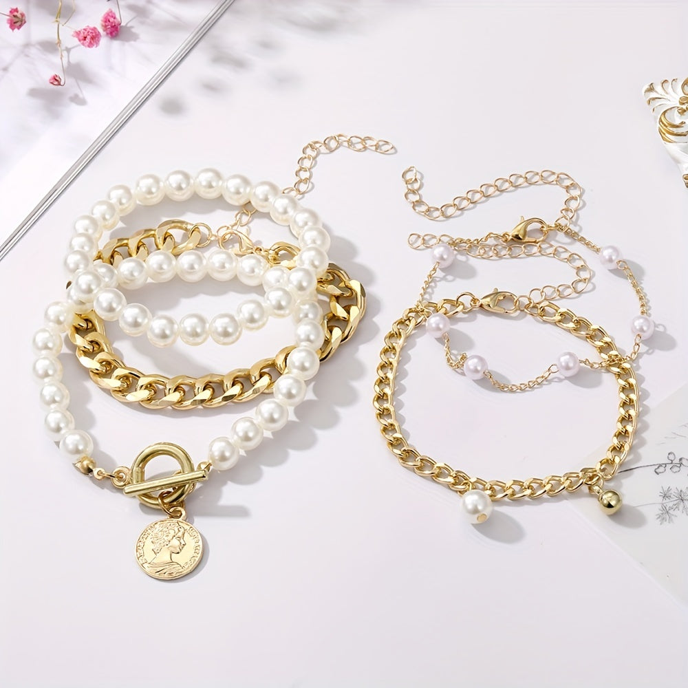 Conjunto de Pulseiras Correntes e Pérolas - 5 Peças Banhado em Ouro 18k