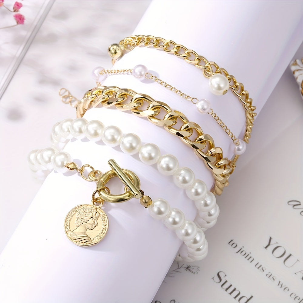 Conjunto de Pulseiras Correntes e Pérolas - 5 Peças Banhado em Ouro 18k