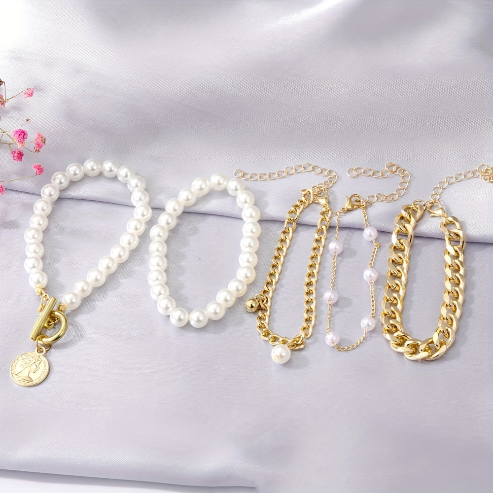 Conjunto de Pulseiras Correntes e Pérolas - 5 Peças Banhado em Ouro 18k