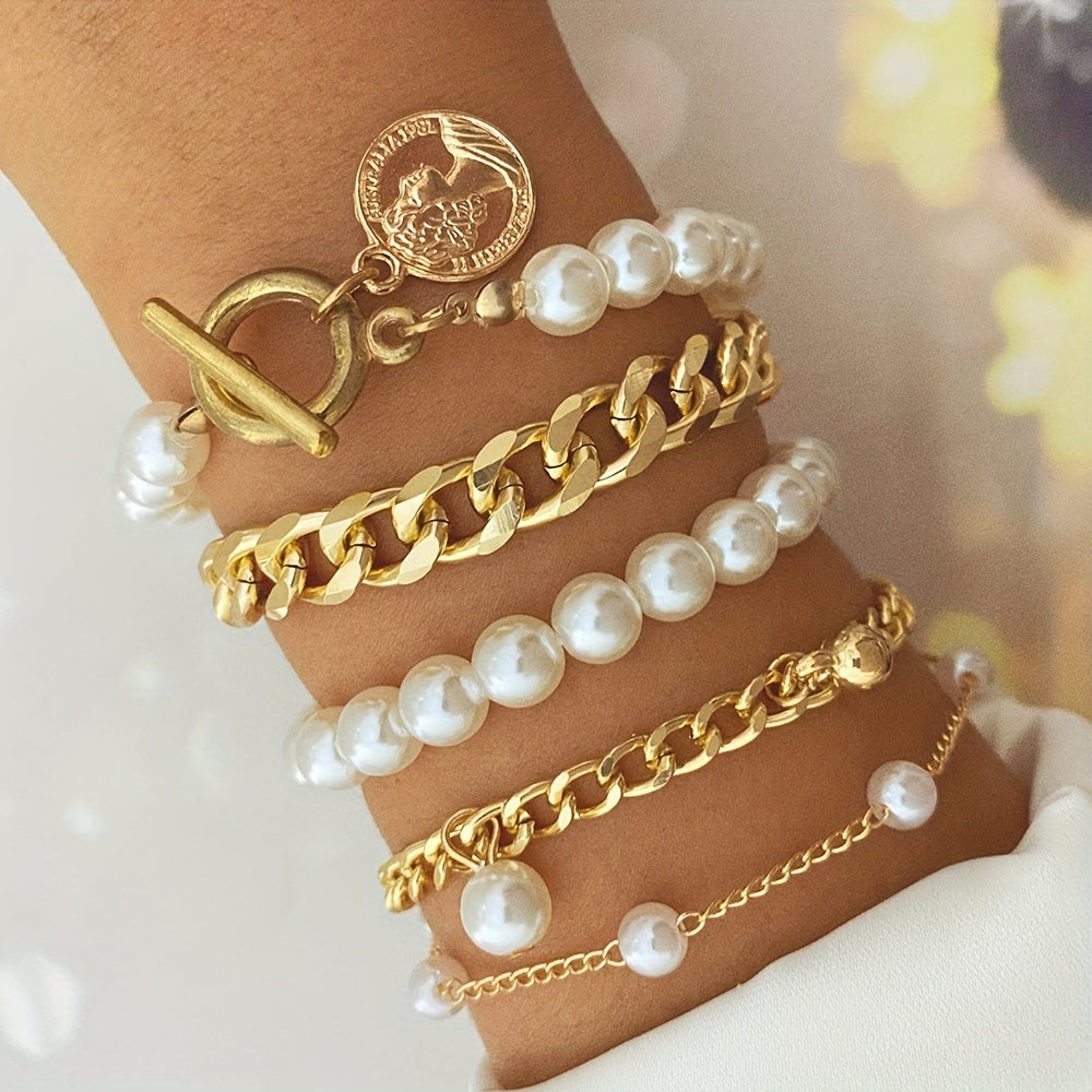 Conjunto de Pulseiras Correntes e Pérolas - 5 Peças Banhado em Ouro 18k