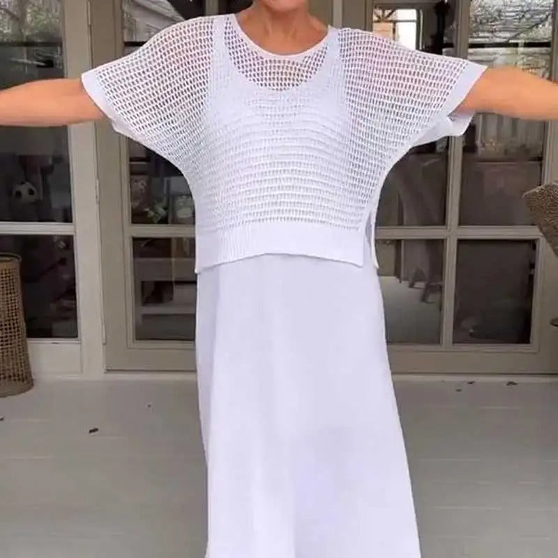 Conjunto Brisa™ com Top de Crochê Artesanal e Vestido Midi Fluido