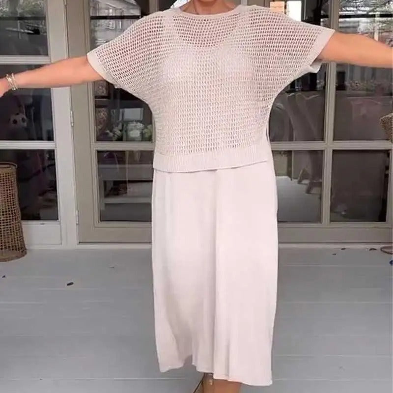 Conjunto Brisa™ com Top de Crochê Artesanal e Vestido Midi Fluido