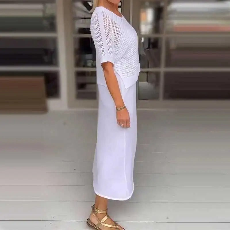 Conjunto Brisa™ com Top de Crochê Artesanal e Vestido Midi Fluido