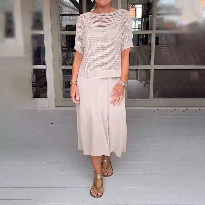 Conjunto Brisa™ com Top de Crochê Artesanal e Vestido Midi Fluido