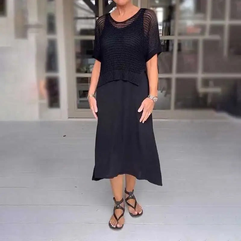 Conjunto Brisa™ com Top de Crochê Artesanal e Vestido Midi Fluido