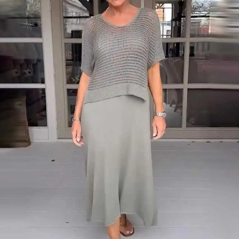 Conjunto Brisa™ com Top de Crochê Artesanal e Vestido Midi Fluido