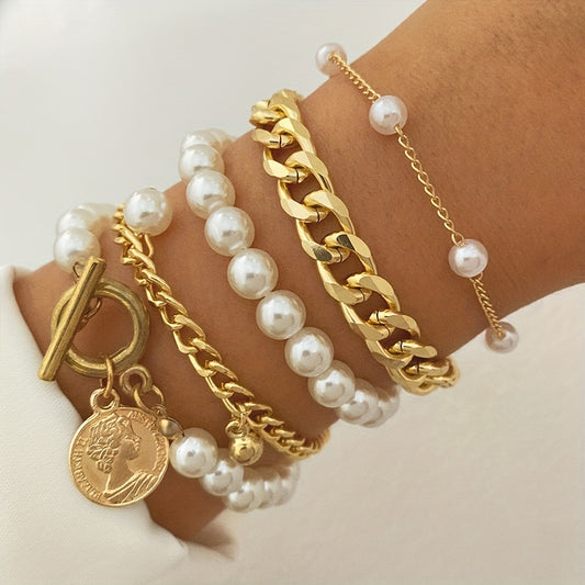 Conjunto de Pulseiras Correntes e Pérolas - 5 Peças Banhado em Ouro 18k