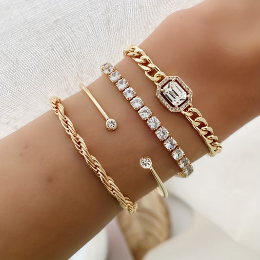 Conjunto de Pulseiras Correntes Zircônia - 4 Peças Banhado em Ouro 18k