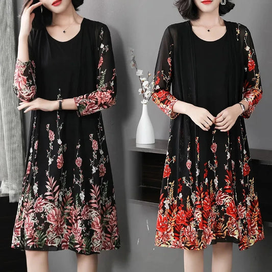 Conjunto Elegância Floral - Vestido + Cardigã em Chiffon