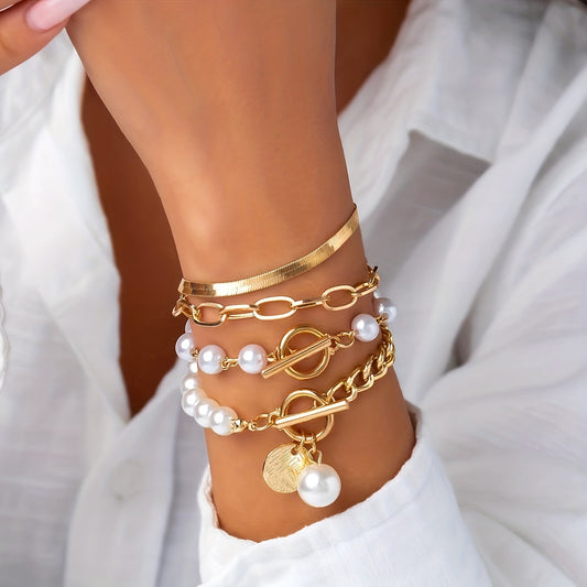 Conjunto de Pulseiras Pérolas e Correntes - 4 Peças Banhado em Ouro 18k