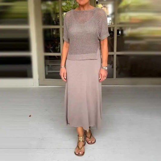 Conjunto Brisa™ com Top de Crochê Artesanal e Vestido Midi Fluido